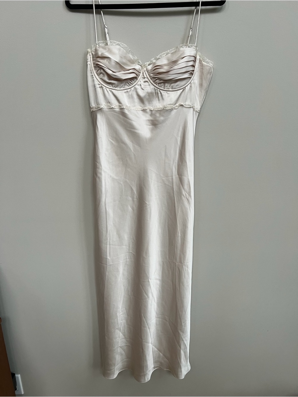 ASTR The Label- Florianne Dress Champagne Satin Midi Slip Dress with Lace Trim